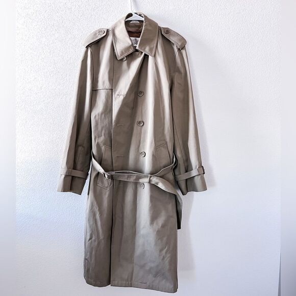 Oleg Cassini 80s Vintage Cotton Blend Tan Double Breasted Men's Trench Coat 40 L - Picture 1 of 10